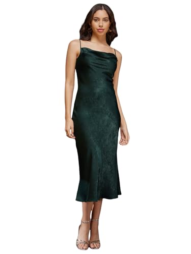 FableStreet Women Satin Cowl Neck Slip Sheath Dress - Olive (Fsdr1105Btgr-S, Calf Lengt…