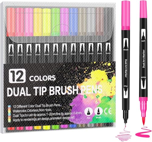 Corslet 12 Pcs Dual Tip Brush Pens Felt Tip Pen Set 12 Colors, Colouring Pens Art Marke…