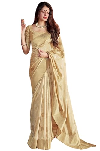 SGF11 Women's Kanjivaram Pure Soft Silk Saree With Unstitched Blouse Piece (Cream)