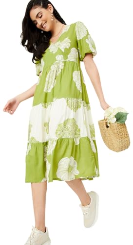 Max Women Floral Printed Midi Casual Dress (MDDRS41002BGREEN)_XS