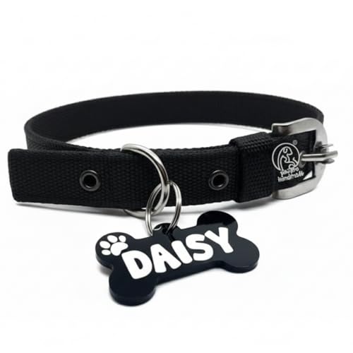 PAWPRO Nylon Dog Collar with Bone-Shaped ID Tag (Black, Small)
