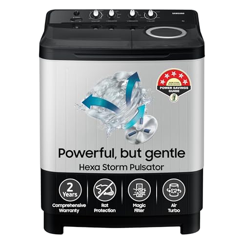 Samsung 8 kg, 5 star, Semi-Automatic Top Load Washing Machine (WT80C4200GG/TL, Air Turb…