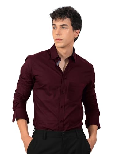 Pinkmint Mens Long Sleeve Button Down Maroon Shirt for Men Collared Casual Formal Soild…