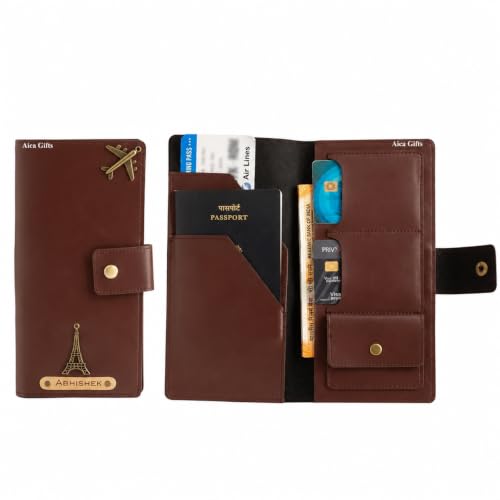 AICA Personalized Name & Charm Long Leather Wallet Passport Cover with (Dark Brown) Pas…