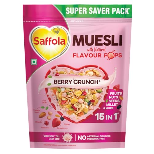 Saffola Muesli Fruit & Nut Berry Crunch with Flavour Pops, 700 gm | 15 in 1 Fruit and N…