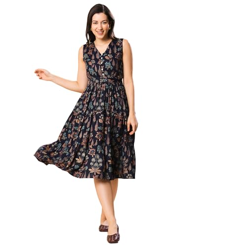 Globus Women's Rayon Fit and Flare Midi Ethnic Dresses (ICK8ECOMWDRS1390_Blue