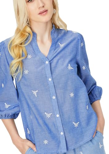 Max Women Cotton Regular Fit Embroidered Frill Collar Top (SUB09BLUE)_XL