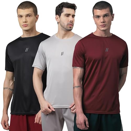 ATICX Slim Fit Pack of 3 Polyester Sports T-Shirts for Men - Round Neck Quick Dry Half…