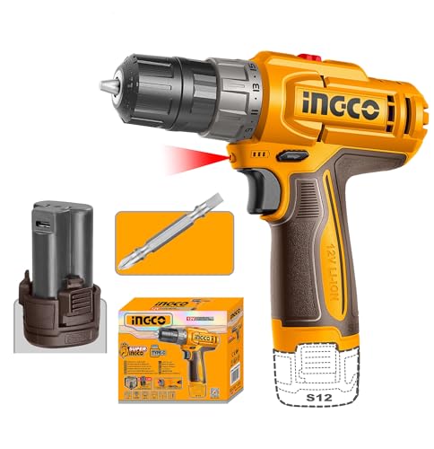INGCO Cordless Drill Machine for home use, with 1 pcs Battery and Drill Bits, Battery d…