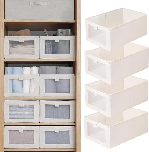 FLYNGO 4 Pcs Linen Wardrobe Organizer for Clothes Organiser Storage Box with Clear Wind…