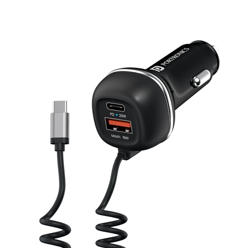 Portronics 71W Car Power 1C Triple Output Fast Car Charger with 33W Type-C Cable, 20W T…