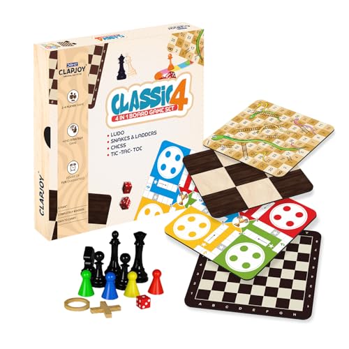Clapjoy Wooden 4 in 1 Board Game for Kids & Adults| Ludo & Chess |Snake Ladder & Tic Ta…