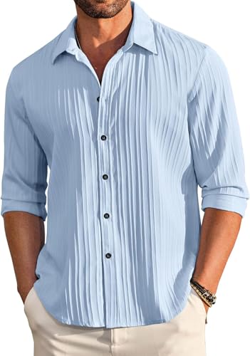 DEELMO Men's Casual Button Down Shirts Long Sleeve Linen Shirt Fashion Textured Beach S…