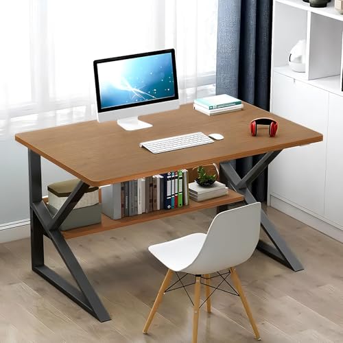 Lukzer Modern Engineered Wood Computer Desk with Built-in Bookshelf, Space-Saving Desig…