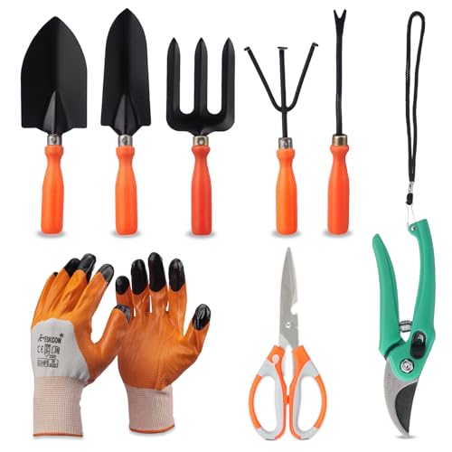 Amazon Brand - Solimo 8-Piece Gardening Tool Kit | Cultivator, Fork, Trowels, Weeder, G…