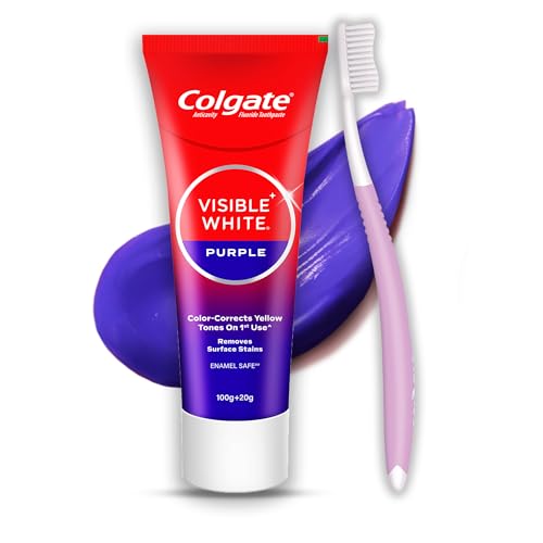 Colgate Visible White Purple Toothpaste and Toothbrush for Teeth Whitening, Helps Remov…