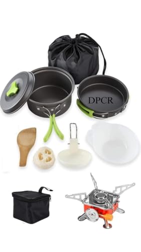 DPCR 11-Piece Camping Cookware Mess Kit with Gas Stove, Lightweight Nonstick Pot & Pan…