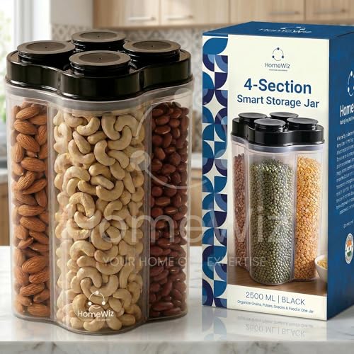 HomeWiz Airtight 4 Section Kitchen Storage Box 2500ml | Food Grade BPA-Free Kitchen Jar…