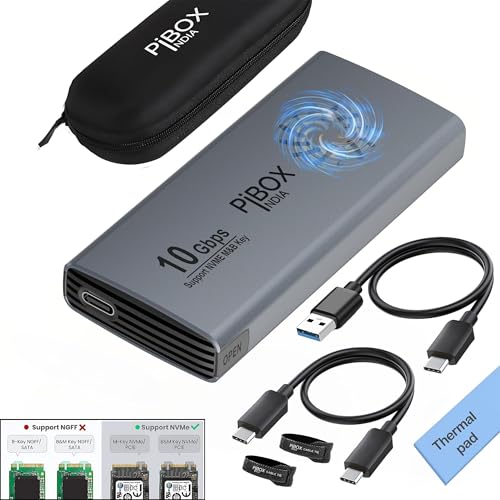 PiBOX India NVME M2 Enclosure Fan, SSD Enclosure - USB 3.2 10Gbps, Tool-Free M.2 NVMe C…