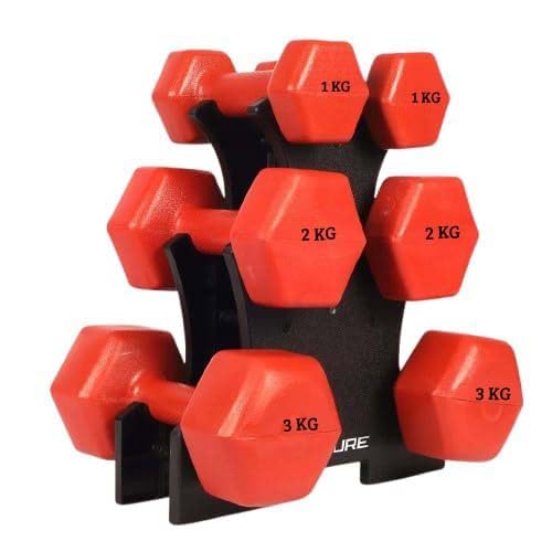 De Jure Fitness Dumbbell Set with Rack – 1kg, 2kg & 3kg PVC Dumbbells (3 Pairs) with Co…