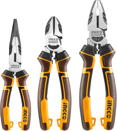 INGCO 3 Pcs High Leverage Pliers Set, Cr-V, 8" Combination Plier, 7" Diagonal Cutting P…
