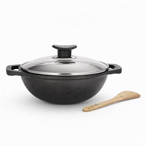 Lifelong Cast Iron Kadhai 24cm with Glass Lid & Wooden Spatula | 3.3L, 2.4kg | Pre-Seas…
