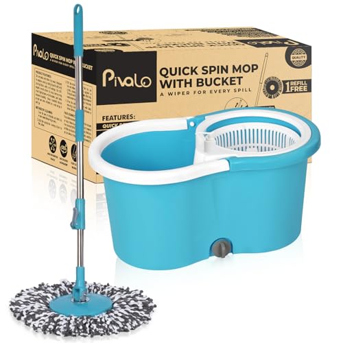 Pivalo Bucket Quick Spin Mop with 2 Microfiber Wet Dry Mophead Floor Cleaning pocha Ext…