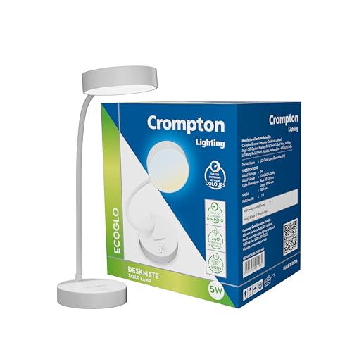 Crompton Plastic Deskmate 5W USB Rechargeable LED Desk Lamp | Flexible Neck, Colour-Cha…