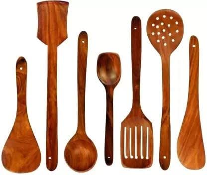 Green Wood Stylish Wooden 7 Pcs Cooking Spoon, Kitchen Tool Set - Serving Spoon, Table…