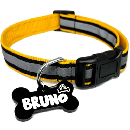 PAWPRO Reflective Nylon Dog Collar with Bone-Shaped ID Tag (Yellow-Medium)
