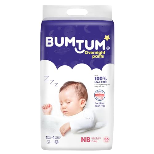 Bumtum Baby Overnight Diaper Pants - Size NB (2-5 kg), 36 Count | All night Absorption…