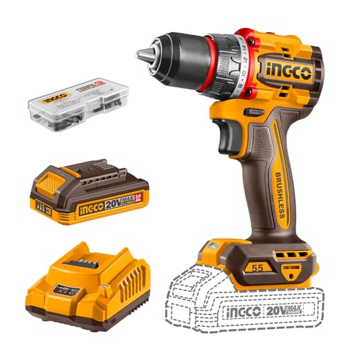 INGCO 20V Cordless Brushless Drill 55NM, 2-Speed Adjstment 500/2000RPM, 13mm Metal Chuc…