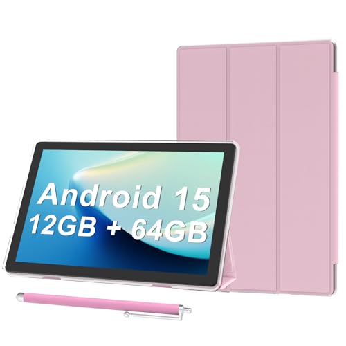 HDTABLET Android 15 Tablet 10 inch with Case, Pink 10GB RAM + 64GB ROM (Expand to 1TB),…
