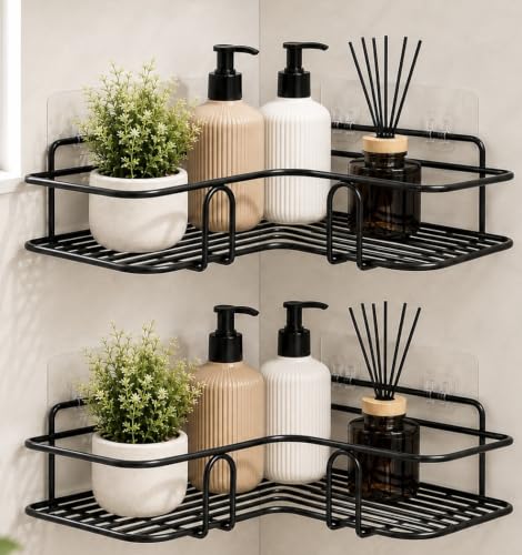 Oslen Pack of 2 No Drill Self Adhesive Bathroom Corner Shelf, Metal Wall Mounted Shower…