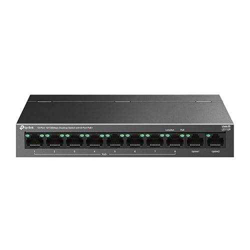 TP-Link LS110P 10-Port 10/100Mbps Desktop Switch with 8-Port PoE+, 96 W Total PoE Budge…