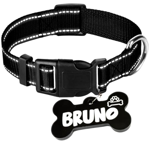 PAWPRO Reflective Nylon Dog Collar with Bone-Shaped ID Tag (Black, Medium)