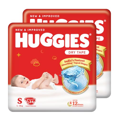 Huggies Dry Tape | Adjustable Tape Style Baby Diapers, Small (S) Size (4-8 Kgs), Combo…