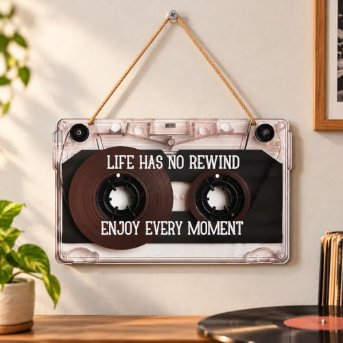 Sketchfab Retro Cassette Wall Hanging, Life Has No Rewind Quote Wooden Wall Decor, 11 x…