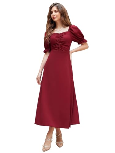 Shasmi Girl's & Women's Solid Maroon A-Line Ruched Puff Sleeve Maxi Long Evening One Pi…