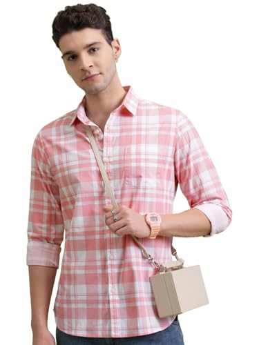 Highlander Men Cotton Slim Fit Shirt (PHSH000014_LT Pink/White M)
