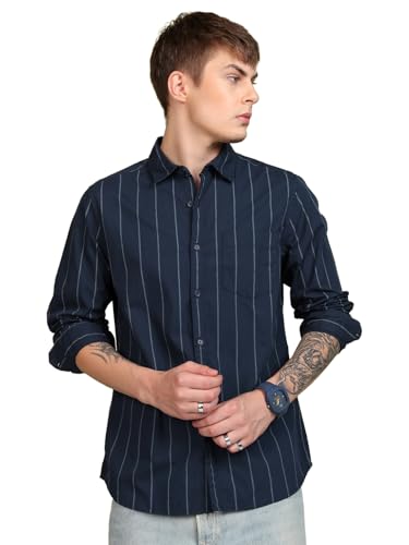 Highlander Men Cotton Regular Fit Shirt (PHSH000051_Navy/Grey M)