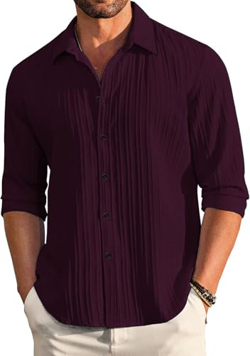 DEELMO Men's Casual Button Down Shirts Long Sleeve Linen Shirt Fashion Textured Beach S…