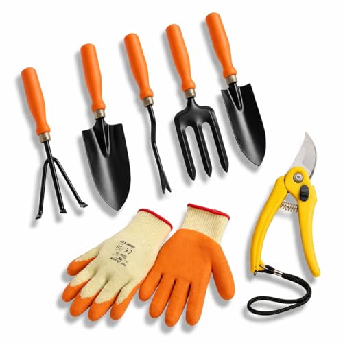 UGAOO Gardening Tools Kit - 7 Pcs (Cultivator, Fork, Trowels, Weeder, Garden Gloves, Pr…