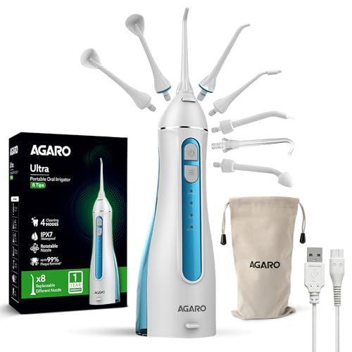 AGARO Ultra Plus Portable Dental Flosser: 8 nozzles, 4 modes, cordless, rechargeable, I…
