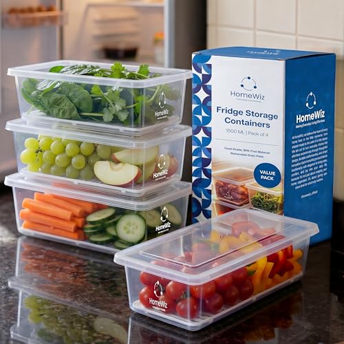 HomeWiz Fridge Storage Containers 1500ml x4 |Air Tight Storage Container Set With Remov…