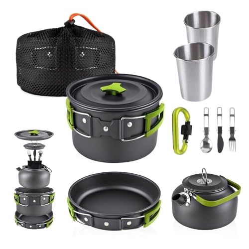 DPCR 12-Piece Camping Cookware Mess Kit with Portable Tea Pot, Lightweight Nonstick Pot…