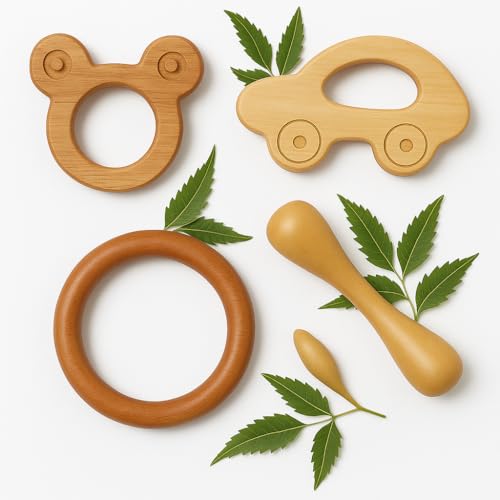 Shark Doo Doo® Neem Wood Baby Teether Combo (Mickey, Car, Ring & Stick) | Organic & Han…