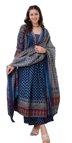 KLOSIA Women Printed Anarkali Kurta and Pant Set with Dupatta Teal Blue