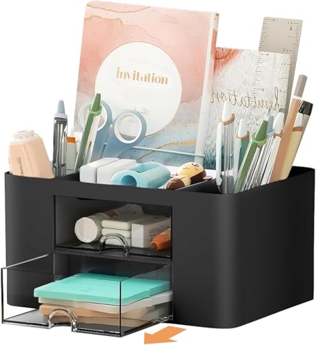 UCRAVO Plastic Versatile Desk Organiser with 5 Compartments, 2 Drawers and Multifunctio…