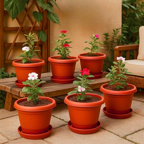 Kraft Seeds 8 Inch Pack of 6 Flower Pots for Garden with Bottom Plate & Drainage Hole,…